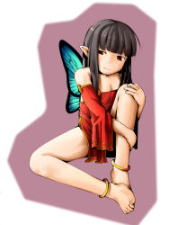 Rule 34 | anklet, barefoot, black hair, butterfly wings, feet, flat chest, highres, insect wings, jewelry, long hair, looking at viewer, pointy ears, red eyes, shima (sh1mamu), sitting, smile, solo, toes, wings