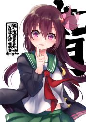 Rule 34 | 1girl, black jacket, blush, brown hair, character name, crescent, crescent pin, green skirt, hair between eyes, jacket, kantai collection, kisaragi (kancolle), kisaragi kai ni (kancolle), long hair, long sleeves, n:go, neckerchief, one-hour drawing challenge, open mouth, pleated skirt, purple eyes, red neckerchief, school uniform, serafuku, simple background, skirt, smile, solo, twitter username, upper body, white background