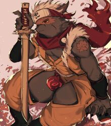 Rule 34 | 1boy, arm support, bara, bulge, closed mouth, fang, fingernails, forehead protector, furry, furry male, headband, highres, holding, holding sword, holding weapon, japanese clothes, looking ahead, male focus, muscular, muscular male, ninja, p7ywirzyw8lesuc, pectoral cleavage, pectorals, red headband, red scarf, scarf, sharp fingernails, shoulder tattoo, sitting, solo, sword, tadatomo (housamo), tattoo, thighs, thighs together, tokyo houkago summoners, toned, toned male, weapon