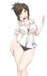 Rule 34 | 10s, 1girl, :p, artist name, black bra, black dress, blush, bra, bra peek, breasts, brown hair, cleavage, collarbone, collared shirt, commentary request, dress, dress shirt, feet out of frame, hand on own thigh, head tilt, kojima kana, large breasts, looking at viewer, nande koko ni sensei ga!?, no pants, panties, ponytail, relaxjon, shirt, short hair, short sleeves, signature, simple background, smile, solo, standing, swept bangs, teacher, thigh gap, tongue, tongue out, underwear, v-shaped eyebrows, white background, white shirt, yellow eyes