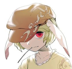 Rule 34 | 1girl, animal ears, blonde hair, flat cap, floppy ears, geppewi, hat, hat over one eye, looking at viewer, mouth hold, portrait, rabbit ears, red eyes, ringo (touhou), short hair, simple background, solo, touhou, white background