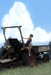 Rule 34 | 1girl, baseball cap, blue sky, cloud, cloudy sky, commentary, dead-robot, grass, hat, looking at viewer, mixed-language commentary, motor vehicle, on vehicle, original, outdoors, overalls, scenery, shoes, sitting, sky, sneakers, solo, tractor, white footwear