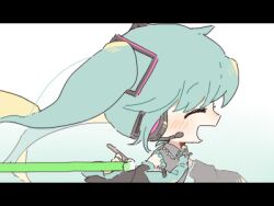 Rule 34 | 1girl, art brush, black sleeves, chibi, closed eyes, commentary, cs voca, detached sleeves, from side, gradient background, grey shirt, hair ornament, hatsune miku, holding, holding paintbrush, issen kounen (vocaloid), letterboxed, long hair, lowres, open mouth, paintbrush, painting (action), running, shirt, smile, solo, twintails, upper body, vocaloid