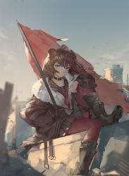 Rule 34 | 1girl, animal ears, arknights, arms on knees, bad id, bad pixiv id, bear ears, black hair, black jacket, black skirt, blue eyes, boots, brown footwear, brown hair, chain, choker, closed mouth, cross-laced footwear, earphones, expressionless, flag, flagpole, fur trim, highres, jacket, lace-up boots, long hair, looking at viewer, miniskirt, multicolored hair, necktie, off shoulder, open clothes, open jacket, pantyhose, pleated skirt, qie, red hair, red socks, sailor collar, shirt, shoe soles, short necktie, sitting, skirt, socks, solo, strap, streaked hair, undershirt, white shirt, zima (arknights)