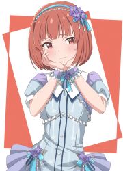 Rule 34 | 1girl, absurdres, abura (abura244), blue dress, blush, brown eyes, brown hair, dot nose, dress, flower, grid background, hair flower, hair ornament, hairband, hands on own face, highres, idolmaster, idolmaster million live!, idolmaster million live! theater days, looking away, neck ribbon, nonohara akane, official alternate hairstyle, red background, ribbon, scrunchie, short hair, short sleeves, shy, simple background, smile, solo, white background, wince