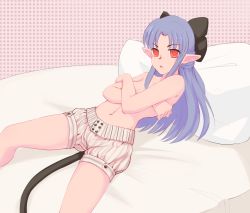 Rule 34 | 1girl, bed sheet, black bow, bloomers, blue hair, bow, cat tail, covering privates, covering breasts, crossed arms, feet out of frame, flat chest, hair bow, hiwonoafu, len (tsukihime), long hair, looking at viewer, lying, melty blood, navel, on back, pillow, pointy ears, red eyes, solo, tail, topless, tsukihime, underwear