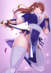 Rule 34 | 1girl, absurdres, arm guards, blue dress, blush, breasts, brown eyes, brown hair, choker, cleavage, dead or alive, dress, hair ribbon, highres, kagematsuri, kasumi (doa), large breasts, long hair, looking at viewer, ninja, pelvic curtain, ponytail, ribbon, short sword, smile, sword, thighhighs, thighs, twitter username, weapon, weapon on back, white thighhighs, yellow ribbon