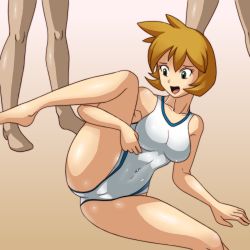 Rule 34 | 00s, 1girl, 2boys, alternate color, armpits, bad id, bad pixiv id, breasts, brown hair, cameltoe, covered navel, creatures (company), deadmoon (kein2002), game freak, green eyes, gym leader, knees, legs, lying, midriff, misty (pokemon), multiple boys, navel, nintendo, on side, one-piece swimsuit, open mouth, pokemon, pokemon hgss, shiny skin, short hair, simple background, smile, spread legs, swimsuit, tongue