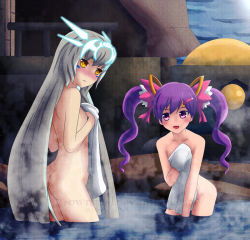 Rule 34 | 2girls, :3, :|, aisha landar, ass, bare arms, bare back, bare hips, bare legs, bare shoulders, blue sky, blush, butt crack, closed mouth, code: battle seraph (elsword), collarbone, dimension witch (elsword), elsword, eve (elsword), eyebrows, facial mark, female focus, flat chest, forehead jewel, hair ornament, hairclip, long hair, multiple girls, nude, onsen, outdoors, partially submerged, purple eyes, purple hair, sky, smile, standing, steam, towel, towel over breasts, twintails, very long hair, water, watermark, white hair, yellow eyes