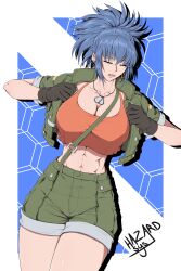 Rule 34 | 1girl, abs, absurdres, black gloves, blue eyes, breasts, dog tags, earrings, gloves, green shorts, hazard sys, highres, jacket, jewelry, large breasts, leona heidern, muscular, muscular female, one eye closed, open clothes, open jacket, red shirt, shirt, shorts, signature, solo, suspenders, the king of fighters, the king of fighters xv, triangle earrings
