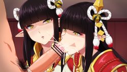 Rule 34 | 1boy, 2girls, :&gt;=, bar censor, black hair, censored, cum, cum in mouth, cum overflow, erection, fellatio, hair ornament, highres, hime cut, hinoa, hou (hachiyou), japanese clothes, makeup, minoto, monster hunter (series), monster hunter rise, multiple girls, oral, penis, pointless censoring, pointy ears, pubic hair, siblings, sisters, twins, yellow eyes