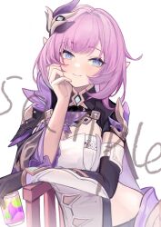 Rule 34 | 1girl, blue eyes, breasts, can, cleavage, closed mouth, clothing cutout, elbow gloves, elf, elysia (honkai impact), gloves, hair between eyes, hair ornament, hand on own chin, highres, holding, holding can, honkai (series), honkai impact 3rd, leaning, looking at viewer, nagata gata, pink hair, pink pupils, pointy ears, sample watermark, shirt, side cutout, smile, solo, watermark, white background, white shirt