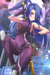 Rule 34 | 1girl, armpits, blue eyes, blue hair, blurry, blurry background, bodysuit, breasts, closed mouth, cosplay, covered navel, floating hair, frown, full moon, gloves, hair over one eye, high ponytail, highres, holding, holding sword, holding weapon, igawa asagi (cosplay), kazanari tsubasa, lens flare, long hair, medium breasts, moon, night, purple bodysuit, purple gloves, senki zesshou symphogear, sheath, sheathed, side ponytail, solo, sword, taimanin (series), taimanin asagi, taimanin suit, tanashi (mk2), very long hair, weapon