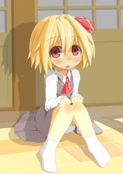 Rule 34 | 1girl, blonde hair, bloomers, blush, hair ribbon, hecchi (blanch), looking at viewer, open mouth, red eyes, ribbon, rumia, short hair, sitting, solo, touhou, underwear