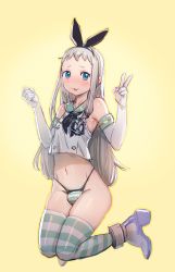 Rule 34 | 1boy, :3, bare shoulders, black bow, blend s, blue eyes, blush, bow, bow (bhp), bulge, cosplay, crop top, crossover, elbow gloves, gloves, green panties, green sailor collar, green thighhighs, hair bow, hairband, hands up, high heels, highleg, highleg panties, kantai collection, kanzaki hideri, long hair, male focus, navel, nose blush, panties, parted lips, sailor collar, school uniform, serafuku, shimakaze (kancolle), shimakaze (kancolle) (cosplay), shirt, silver hair, simple background, skindentation, smile, solo, striped clothes, striped panties, striped thighhighs, thighhighs, trap, underwear, v, white gloves, white shirt, yellow background