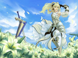 Rule 34 | 1girl, armor, armored dress, armpits, artoria pendragon (fate), avalon (fate/stay night), blonde hair, capcom, cloud, day, dress, excalibur (fate/stay night), fate/stay night, fate/unlimited codes, fate (series), faulds, field, flower, green eyes, hair ribbon, petals, ponytail, ribbon, saber (fate), saber lily, sayou, sheath, sky, smile, solo, sword, weapon, wind