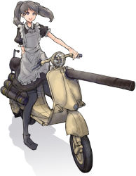 Rule 34 | 1girl, apron, black eyes, black hair, black pantyhose, cannon, full body, happy, hogeo, long hair, looking at viewer, m1 bazooka, maid, maid apron, md5 mismatch, motor vehicle, pantyhose, rocket launcher, scooter, simple background, sitting, smile, solo, twintails, vehicle, vespa, weapon, white background