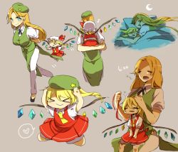 Rule 34 | &gt; &lt;, 2girls, ascot, back, blonde hair, blue eyes, carrying, closed eyes, collared shirt, crescent moon, crystal, flandre scarlet, full body, fuuga (perv rsity), hat, heart, hong meiling, long hair, moon, multiple girls, multiple persona, musical note, no headwear, on bed, open mouth, orange hair, pants, piggyback, puffy short sleeves, puffy sleeves, quaver, shirt, shoes, short hair, short sleeves, side ponytail, simple background, skirt, skirt set, sleeping, speech bubble, star (symbol), terumokojastisu, touhou, vest, wings, yawning