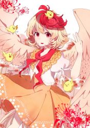 Rule 34 | &gt; &lt;, 1girl, ametama (runarunaruta5656), animal, animal on head, arm up, basket, bird, bird on head, bird wings, blonde hair, blush, breasts, chick, cleavage, collar, commentary request, cowboy shot, dress, egg, flower, frilled collar, frills, highres, looking at viewer, niwatari kutaka, on head, open mouth, orange dress, puffy short sleeves, puffy sleeves, red eyes, red hair, red neckwear, ribbon, short hair, short sleeves, solo, spider lily, standing, touhou, vest, white vest, wings, yellow wings