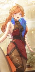 Rule 34 | 1girl, absurdres, bad id, bad pixiv id, bare shoulders, breasts, cleavage, dolphenry, dress, earrings, feather hair, hair ornament, highres, hololive, hololive english, jewelry, long hair, official alternate costume, orange hair, pantyhose, patterned legwear, purple eyes, red dress, see-through, see-through cleavage, sideboob, solo, takanashi kiara, virtual youtuber
