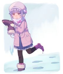 Rule 34 | 10s, 1girl, bad id, bad twitter id, black pantyhose, blush, boots, bow, brown eyes, coat, earmuffs, frown, full body, hat, heart, heart print, holding, idolmaster, idolmaster cinderella girls, koshimizu sachiko, leg up, looking at viewer, mittens, nose blush, open mouth, outdoors, pantyhose, purple hair, shoes, short hair, skirt, snow, socks, solo, standing, standing on one leg, uso (ameuzaki), winter, winter clothes, winter coat