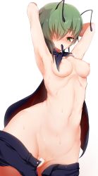 Rule 34 | 1girl, antennae, armpits, arms up, black cape, black shorts, blush, breasts, cape, commentary request, cowboy shot, green eyes, green hair, hagure kedama, hair between eyes, hair over one eye, highres, looking down, maebari, medium breasts, mouth hold, navel, nipples, partially visible vulva, red cape, short hair, shorts, simple background, solo, sweat, touhou, two-sided cape, two-sided fabric, white background, wriggle nightbug