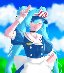 1girl alternate_costume apron aqua_eyes aqua_hair aqua_nails back_bow black_choker blue_dress blue_hat blue_skirt bow choker cloud commentary day dress english_commentary goingincognito grin hair_between_eyes hat hat_bow hatsune_miku highres hill long_hair looking_at_viewer mesmerizer_(vocaloid) name_tag nose one_eye_closed open_mouth outdoors pinstripe_hat pinstripe_pattern pinstripe_shirt puffy_short_sleeves puffy_sleeves sailor_collar shirt short_sleeves sidelocks skirt sky smile solo sparkling_eyes striped_bow striped_clothes striped_dress striped_shirt teeth twintails vertical-striped_clothes vertical-striped_shirt very_long_hair visor_cap vocaloid white_apron white_sailor_collar wrist_cuffs