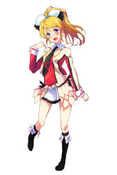 Rule 34 | 10s, 1girl, absurdres, ayase eli, bad id, bad pixiv id, blonde hair, blue eyes, boots, buttons, cross-laced footwear, double-breasted, earrings, full body, hair ornament, hairpin, highres, jewelry, lace-up boots, long hair, long sleeves, love live!, love live! school idol project, merumayu, necktie, open mouth, ponytail, simple background, skirt, solo, white background, ytk (yutta-p)