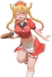Rule 34 | 1girl, ;d, absurdres, alternate costume, alternate hairstyle, blonde hair, braid, breasts, cup, dragon girl, dragon horns, employee uniform, food, free style (yohan1754), hair between eyes, highres, holding, holding plate, horns, kobayashi-san chi no maidragon, large breasts, long hair, looking at viewer, midriff, navel, one eye closed, open mouth, plate, red eyes, red headwear, simple background, slit pupils, smile, solo, standing, standing on one leg, tohru (maidragon), twin braids, uniform, white background