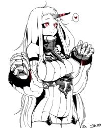 Rule 34 | 1girl, abyssal ship, ahoge, bad id, bad pixiv id, breasts, claws, collar, commentary request, cowboy shot, dated, detached sleeves, dress, covered erect nipples, heart, horns, j.k., kantai collection, large breasts, long hair, monochrome, red eyes, ribbed dress, seaport princess, short eyebrows, single horn, smile, solo, spoken heart