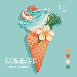 blue_background color_guide commentary english_commentary english_text flower food food_focus hibiscus ice_cream ice_cream_cone koi no_humans notice_lines original palm_leaf shadow simple_background sparkle summer tengerineart water water_drop white_flower