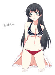 Rule 34 | 10s, 1girl, absurdres, agano (kancolle), alternate costume, arms behind back, bikini, bikini top only, black hair, blush, breasts, cleavage, highres, kantai collection, long hair, navel, smile, solo, standing, swimsuit, twitter username, weshika, white background