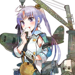 Rule 34 | 10s, 1girl, ahoge, aircraft, airplane, akitsushima (kancolle), asymmetrical gloves, crane (machine), earrings, eating, food, food on face, gloves, hair ornament, itomugi-kun, jewelry, kantai collection, kettle, long hair, machinery, mismatched gloves, nishikitaitei-chan, onigiri, purple eyes, purple hair, rice, rice on face, side ponytail, simple background, solo, turret