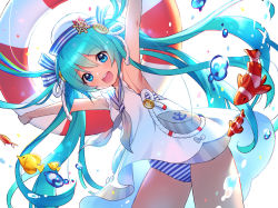 Rule 34 | 1girl, :d, anchor symbol, aqua hair, armpits, blue eyes, fish, gel (chiericyan), hat, hatsune miku, long hair, looking at viewer, one-piece swimsuit, open mouth, outstretched arms, ribbon, sailor collar, smile, solo, standing, striped clothes, striped one-piece swimsuit, striped ribbon, swimsuit, swimsuit under clothes, twintails, vocaloid, white background
