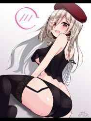 Rule 34 | 1girl, ass, bad id, bad pixiv id, bare arms, bare shoulders, beret, black panties, black thighhighs, blush, braid, breasts, butt crack, camisole, commentary request, from behind, g36c (girls&#039; frontline), garter straps, girls&#039; frontline, groin, hair between eyes, hair over one eye, hat, highres, large breasts, letterboxed, long hair, looking at viewer, looking back, no shoes, open mouth, panties, ramchi, red eyes, red hat, side braid, signature, sitting, smile, solo, strap slip, thighhighs, underboob, underwear, underwear only, wariza
