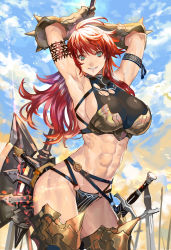 Rule 34 | 1girl, abs, armor, armored boots, armpits, arms behind head, arms up, axe, battle axe, bikini armor, blue eyes, boots, breasts, gauntlets, highres, large breasts, looking at viewer, muscular, muscular female, o-ring, o-ring bottom, original, overhead swing, ran&#039;ou (tamago no kimi), red hair, sharp teeth, sideboob, solo, sword, teeth, thigh boots, thighhighs, toned, weapon