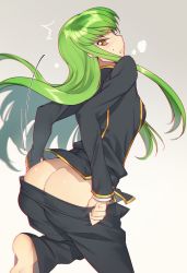 Rule 34 | 1girl, ^^^, annoyed, ass, barefoot, black pants, black shirt, blush, breasts, butt crack, c.c., clothes pull, code geass, creayus, from behind, gradient background, green hair, grey background, inconvenient ass, leg up, long hair, long sleeves, looking at viewer, looking back, medium breasts, motion lines, no panties, open fly, pants, pants pull, parted lips, profile, school uniform, shirt, sidelocks, solo, standing, standing on one leg, straight hair, sweatdrop, tsurime, undressing, very long hair, yellow eyes