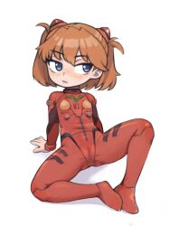 Rule 34 | 1girl, alternate hairstyle, arm support, blue eyes, blush, bodysuit, closed mouth, female focus, full body, highres, interface headset, knees apart feet together, lips, long sleeves, neon genesis evangelion, orange hair, plugsuit, qtkat, red bodysuit, short hair, simple background, sitting, solo, souryuu asuka langley, spread legs, thighs, white background