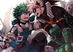 Rule 34 | 2boys, alternate eye color, aqua bodysuit, bakugou katsuki, belt, belt pouch, black mask, black pants, black whip (boku no hero academia), blonde hair, blue gloves, blurry, blurry background, blurry foreground, boku no hero academia, bright pupils, buckle, chiyaya, dutch angle, eye mask, foreshortening, freckles, from side, furrowed brow, gloves, green eyes, green gloves, green hair, hair between eyes, hand on another&#039;s shoulder, hand on ground, hand on own stomach, hands up, headgear, high collar, highres, knee guards, knees up, leaning forward, looking at another, male focus, midoriya izuku, multiple boys, open hand, open mouth, orange eyes, orange gloves, pants, pouch, profile, red belt, rubble, sanpaku, short hair, single horizontal stripe, snap-fit buckle, spiked hair, sweatdrop, tendril, two-tone gloves, upper body, utility belt, v-shaped eyebrows, white pupils, worried, wrist guards, x