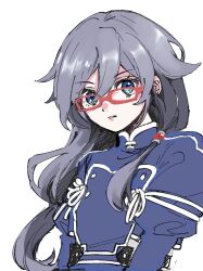 Rule 34 | 1girl, blue dress, blue eyes, commentary request, dress, fu hua, fu hua (valkyrie accipiter), glasses, grey hair, hair between eyes, highres, honkai (series), honkai impact 3rd, juliet sleeves, long hair, long sleeves, looking at viewer, narumiya ponpo, parted lips, puffy sleeves, red-framed eyewear, simple background, solo, upper body, very long hair, white background