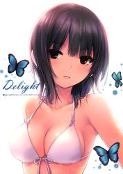 Rule 34 | 1girl, absurdres, aoyama sumika, bikini, black hair, breasts, brown eyes, bug, butterfly, cleavage, coffee-kizoku, collarbone, front-tie top, halterneck, highres, insect, medium breasts, original, parted lips, scan, shiny skin, short hair, sideboob, simple background, solo, string bikini, swimsuit, text focus, wet, white background, white bikini