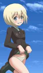 Rule 34 | 00s, 1girl, awa, blonde hair, blue eyes, blue sky, blush, clothes lift, day, erica hartmann, grin, jaggy lines, long sleeves, looking at viewer, lowres, oekaki, panties, shirt lift, short hair, skirt, skirt lift, sky, smile, solo, strike witches, tareme, teeth, underwear, white panties, world witches series