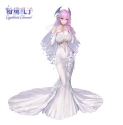 Rule 34 | 1girl, ankle strap, bare shoulders, blue eyes, breasts, bridal veil, bug, butterfly, capillaris (vtuber), chain, chinese commentary, chinese text, cleavage, closed mouth, demon girl, demon wings, detached sleeves, dress, earrings, english text, engrish text, floral print, flower, full body, hair between eyes, hair flower, hair ornament, hair over shoulder, hand on own chest, head wings, heart, heart-shaped pupils, high heels, highres, indie virtual youtuber, insect, jewelry, knees together feet apart, lace, lace-trimmed dress, lace trim, long dress, long hair, nail polish, ornate ring, pink hair, pointy ears, ranguage, red lips, red nails, ring, rose, see-through, see-through dress, simple background, smile, solo, standing, symbol-shaped pupils, tsuki no i-min, veil, virtual youtuber, wedding dress, wedding ring, white background, white dress, white flower, white footwear, white rose, wings