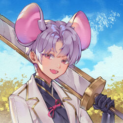 Rule 34 | 1boy, absurdres, animal ears, black shirt, cloud, commentary, day, english commentary, extra ears, fang, gauntlets, gold trim, grey hair, hand up, highres, holding, holding sword, holding weapon, jacket, long sleeves, looking at viewer, male focus, mouse boy, mouse ears, open clothes, open jacket, open mouth, orange sekaii, original, outdoors, over shoulder, parted bangs, pink eyes, shirt, short hair, skin fang, sky, smile, solo, sword, weapon, weapon over shoulder, white jacket