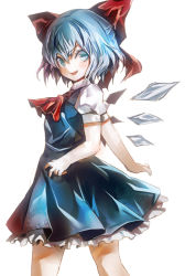 Rule 34 | 1girl, ascot, blue dress, blue eyes, blue hair, blush, bow, cirno, dress, frills, hair bow, hair ornament, ice, ice wings, kozou (soumuden), looking at viewer, looking back, matching hair/eyes, open mouth, puffy sleeves, short hair, short sleeves, simple background, smile, solo, touhou, white background, wings