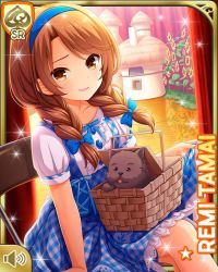 Rule 34 | 1girl, blue bow, blue dress, blue headband, bow, brown eyes, brown hair, card (medium), day, dog, dress, girlfriend (kari), headband, indoors, looking at viewer, low twintails, official art, open mouth, picnic basket, qp:flapper, school play, sitting, smile, socks, solo, stuffed animal, stuffed toy, tagme, tamai remi, tanabata, twintails, wizard of oz