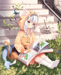 Rule 34 | 1girl, absurdres, animal ears, blue butterfly, blue eyes, blue hair, blunt bangs, blush, book, braid, bug, butterfly, cat, cat ears, closed mouth, ears through headwear, fins, fish tail, full body, gawr gura, grass, highres, holding, holding book, hololive, hololive english, hood, hood up, hoodie, insect, kuri (animejpholic), long hair, long sleeves, multicolored hair, no shoes, open book, orange hoodie, plant, shark tail, sitting, socks, solo, streaked hair, tail, twin braids, virtual youtuber, whiskers, white hair, white socks