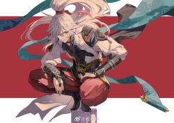 Rule 34 | 1boy, arm guards, armor, chinese clothes, closed mouth, eyeliner, eyeshadow, fingerless gloves, full body, gloves, grey hair, hair over one eye, hair ribbon, high ponytail, honkai: star rail, honkai (series), jing yuan, long hair, makeup, male focus, mole, mole under eye, pants, pauldrons, ponytail, red eyeliner, red eyeshadow, red pants, red ribbon, ribbon, ruoruoqiuu, shoulder armor, simple background, smile, solo, squatting, very long hair, yellow eyes
