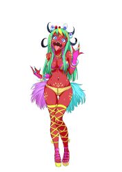 Rule 34 | 1girl, absurdres, artist request, bikini, breasts, colored skin, demon girl, full body, highres, large breasts, magicami, multicolored hair, nail, navel, official art, open mouth, platform footwear, red skin, swimsuit, tongue, tongue out, transparent background, two-tone hair