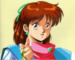 Rule 34 | 1980s (style), 1girl, :d, anice farm, borgman, bridal gauntlets, brown eyes, brown hair, chouon senshi borgman, earrings, finger gun, fingernails, half updo, jacket, jewelry, long fingernails, looking at viewer, oldschool, open clothes, open jacket, open mouth, parted bangs, pointing, red hair, retro artstyle, rope, simple background, smile, solo, turtleneck, upper body, yellow background